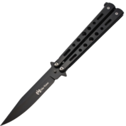 Max Knives P34B — Couteau papillon lame drop point acier noir, manches ajourés