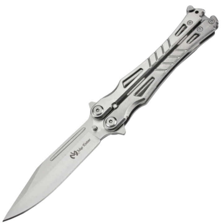 Max Knives P35S — Couteau papillon acier finition silver, manches sculptés ajourés