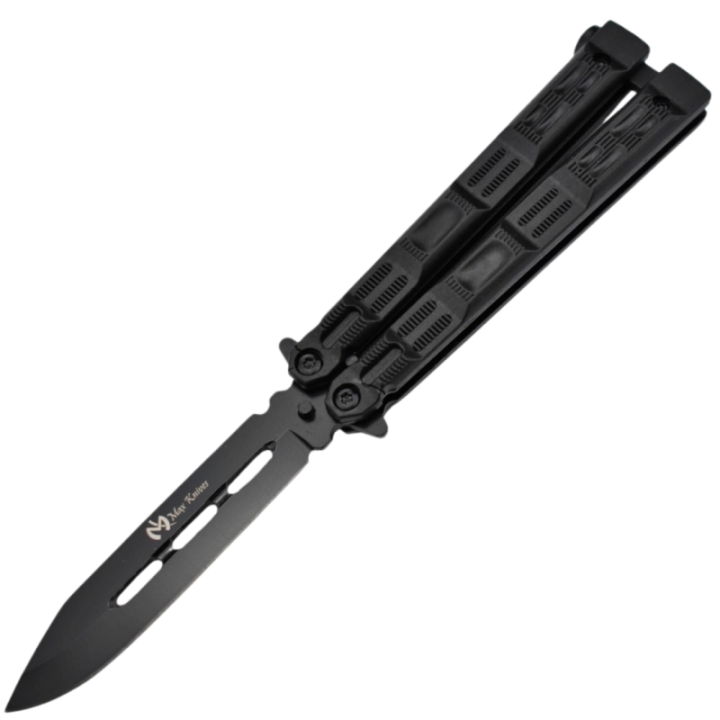 Max Knives P41B — Couteau papillon lame acier inoxydable noir, manches ABS
