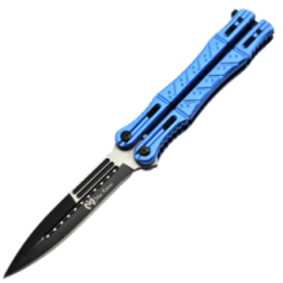 Max Knives P45 — Couteau papillon spear point 3Cr13, manches aluminium anodisé bleu