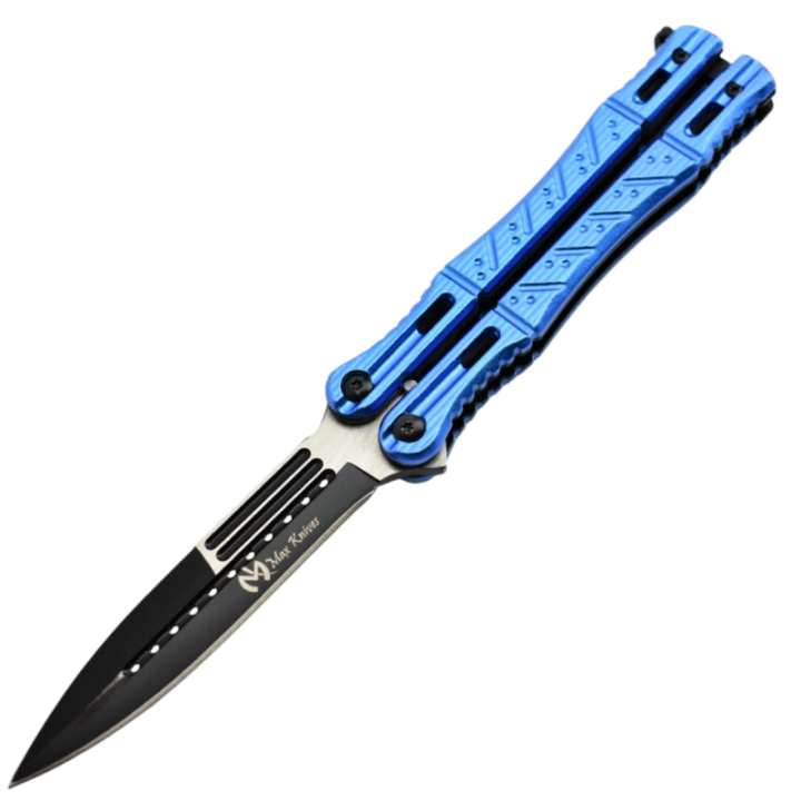 Max Knives P45 — 3Cr13 Butterfly Knife, Spear Point, Blue Anodized Aluminium Handles