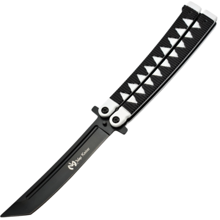 Max Knives P46B — Couteau papillon lame tanto 3Cr13, manche tressage japonais noir et blanc