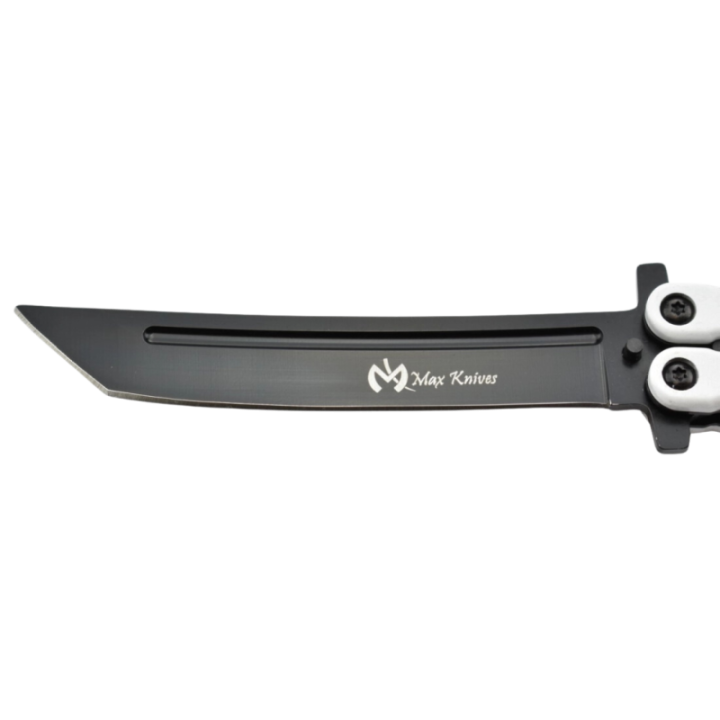 Max Knives P46B — Couteau papillon lame tanto 3Cr13, manche tressage japonais noir et blanc — vue 3