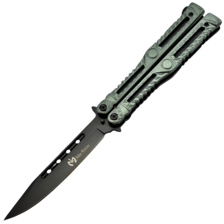 Max Knives P47 — Butterfly knife, green aluminium, 105 mm blade