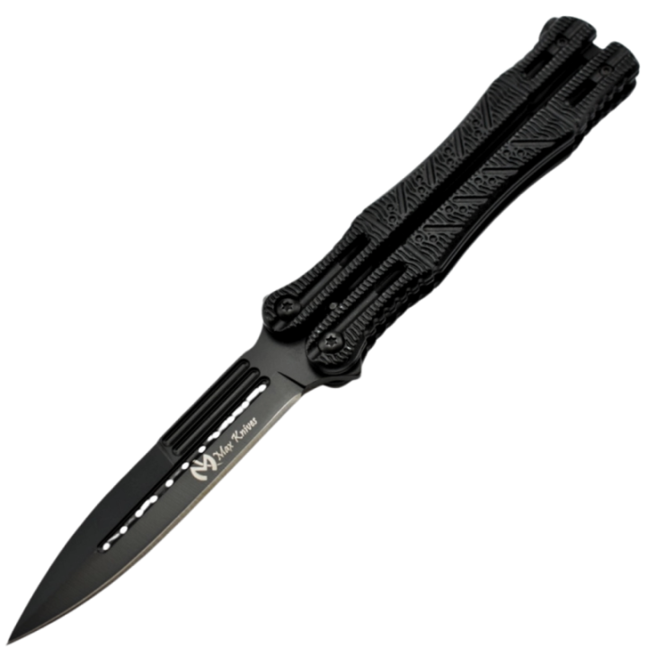 Max Knives P48 — 3Cr13 Butterfly Knife, Spear Point, Black Finish, Aluminium Handles