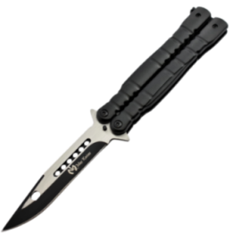 Max Knives P49 — 3Cr13 Butterfly Knife, Two-Tone Drop Point, Ribbed Aluminium Handles