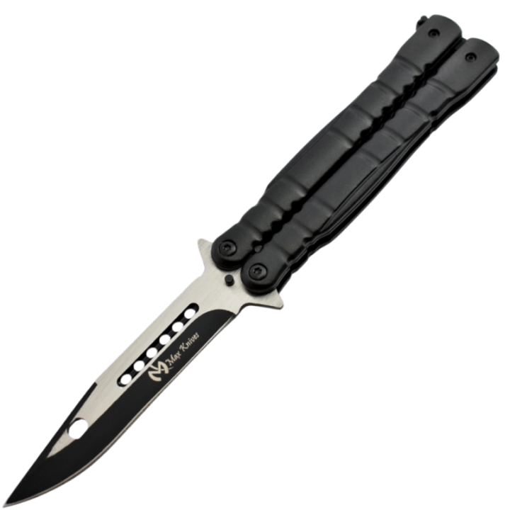 Max Knives P49 — Couteau papillon drop point 3Cr13 deux tons, manches aluminium nervurés