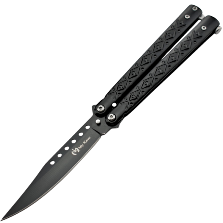 Max Knives P50B — Couteau papillon 3Cr13 spear point, manches acier noire à motif losanges