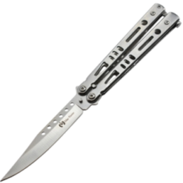Max Knives P52S — Couteau papillon 3Cr13 spear point, manches acier silver ajourés