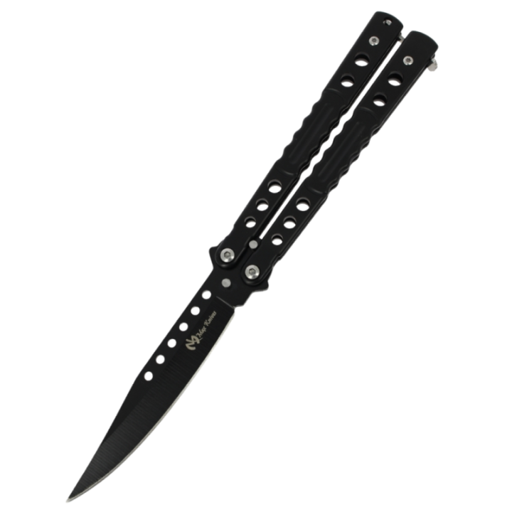 Max Knives P58B — Black clip point butterfly knife 97 mm, drilled handles