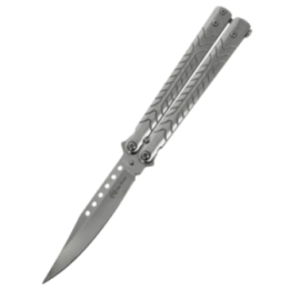 Max Knives P62S — Clip point balisong, chevron-engraved steel handles