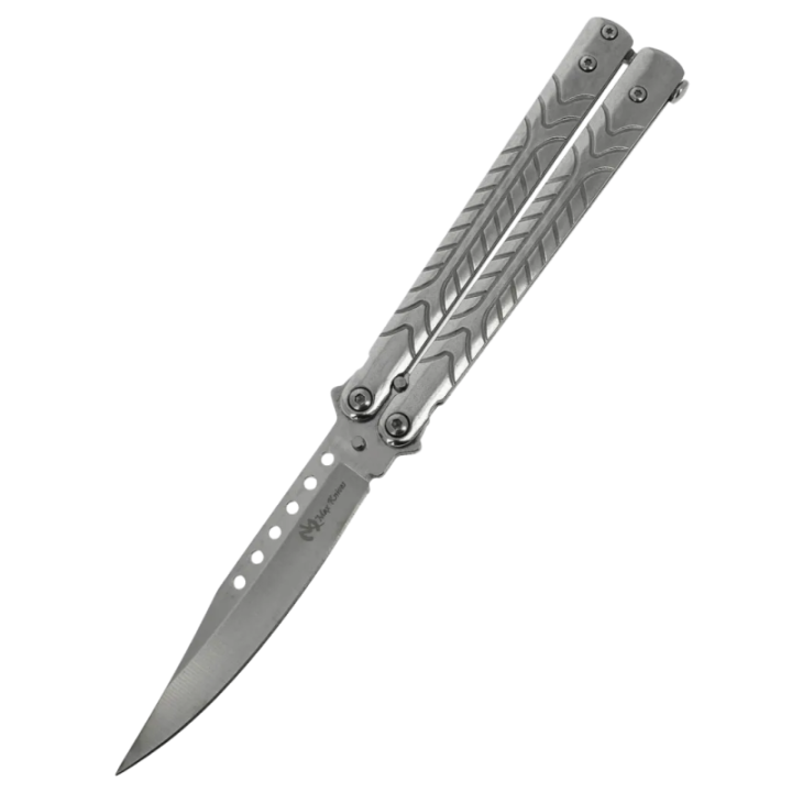 Max Knives P62S — Papillon clip point, manches acier gravés chevrons
