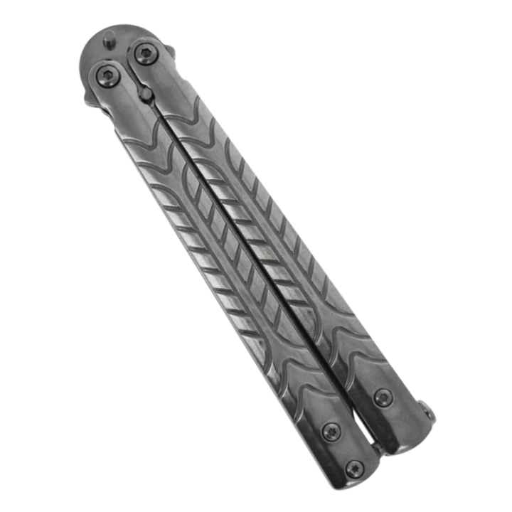 Max Knives P62S — Clip point balisong, chevron-engraved steel handles — view 4