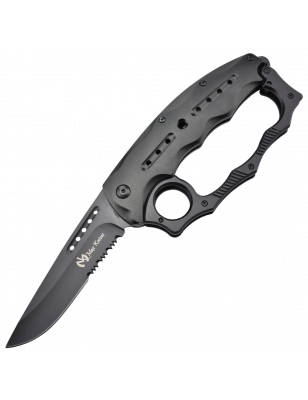 Couteau poing américain en aluminium anodisé noir - Lame dentelée assi