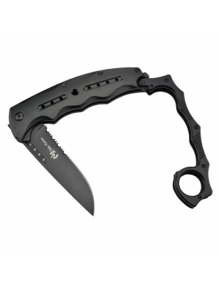 Couteau poing américain en aluminium anodisé noir - Lame dentelée assi
