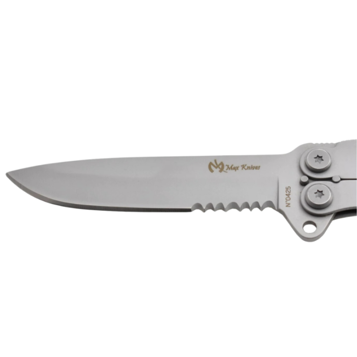 Max Knives DS3 — Alain Descy 440C butterfly knife, partly serrated — view 2